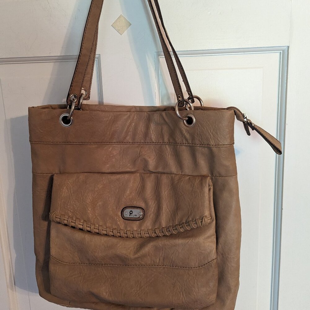 Plum Faux Leather Large Beige Purse Tote Lots of Pockets Great Details